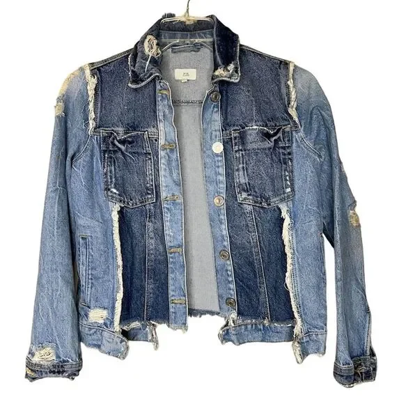 River Island Women’s Blue Denim Jacket Distressed Frayed Edges Long Sleeve - Picture 1 of 5
